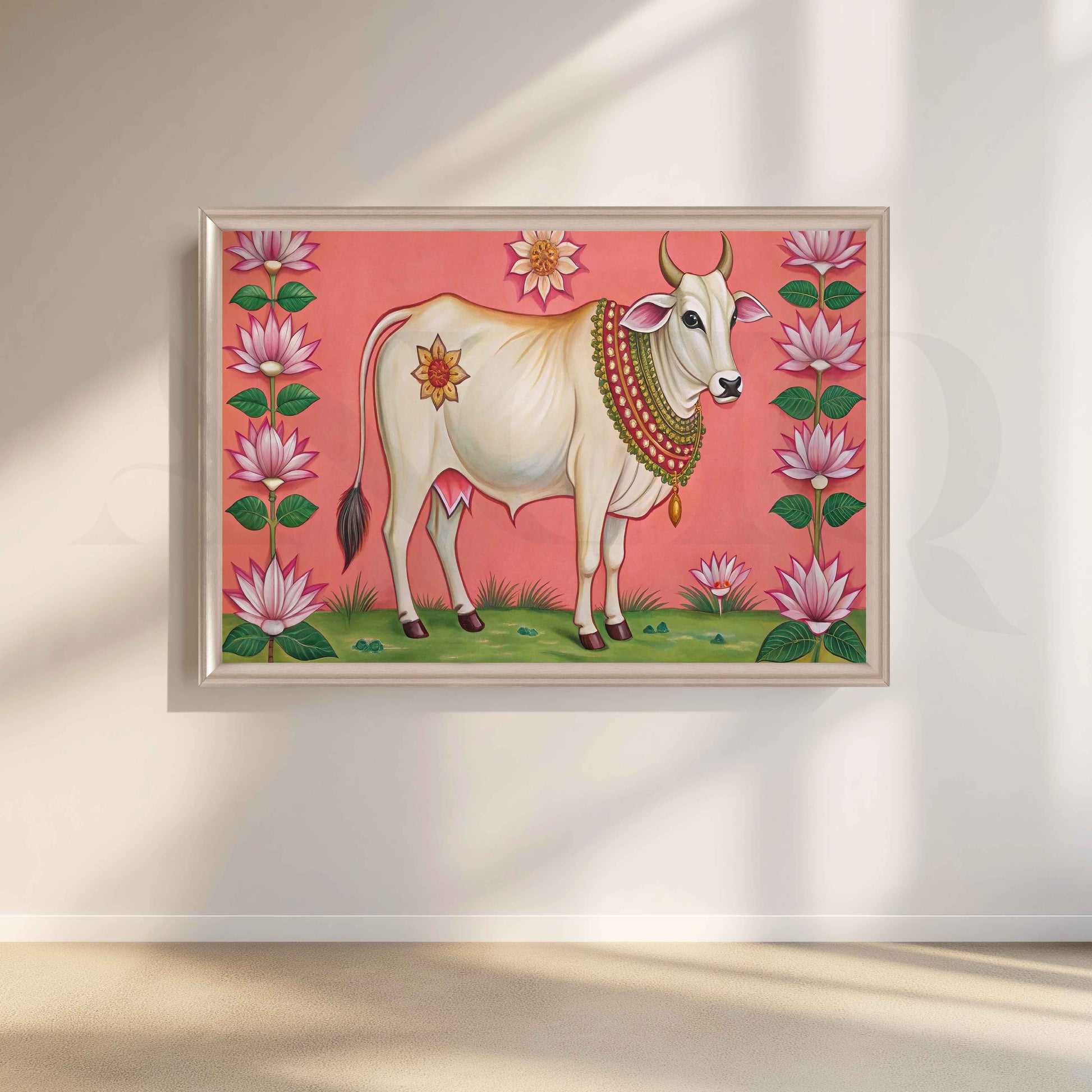 Lotus Framed Sacred Cow Canvas Artwork for Stylish Bedroom