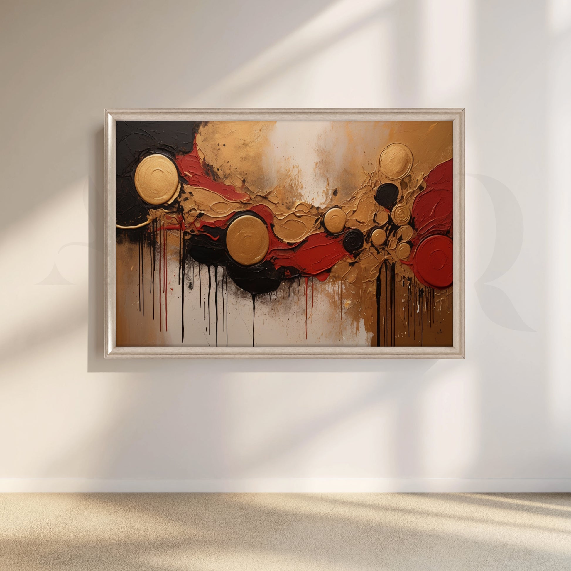 Premium Gold & Red Abstract Textured Canvas for Living Room