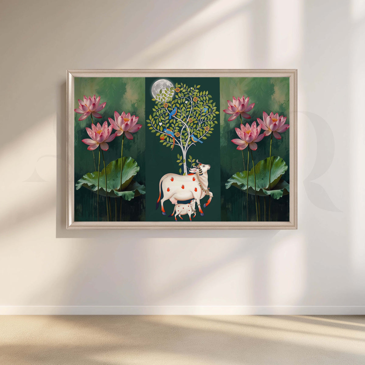 Lotus and Sacred Cow Botanical Canvas Artwork with Moonlit Steel Frame Style