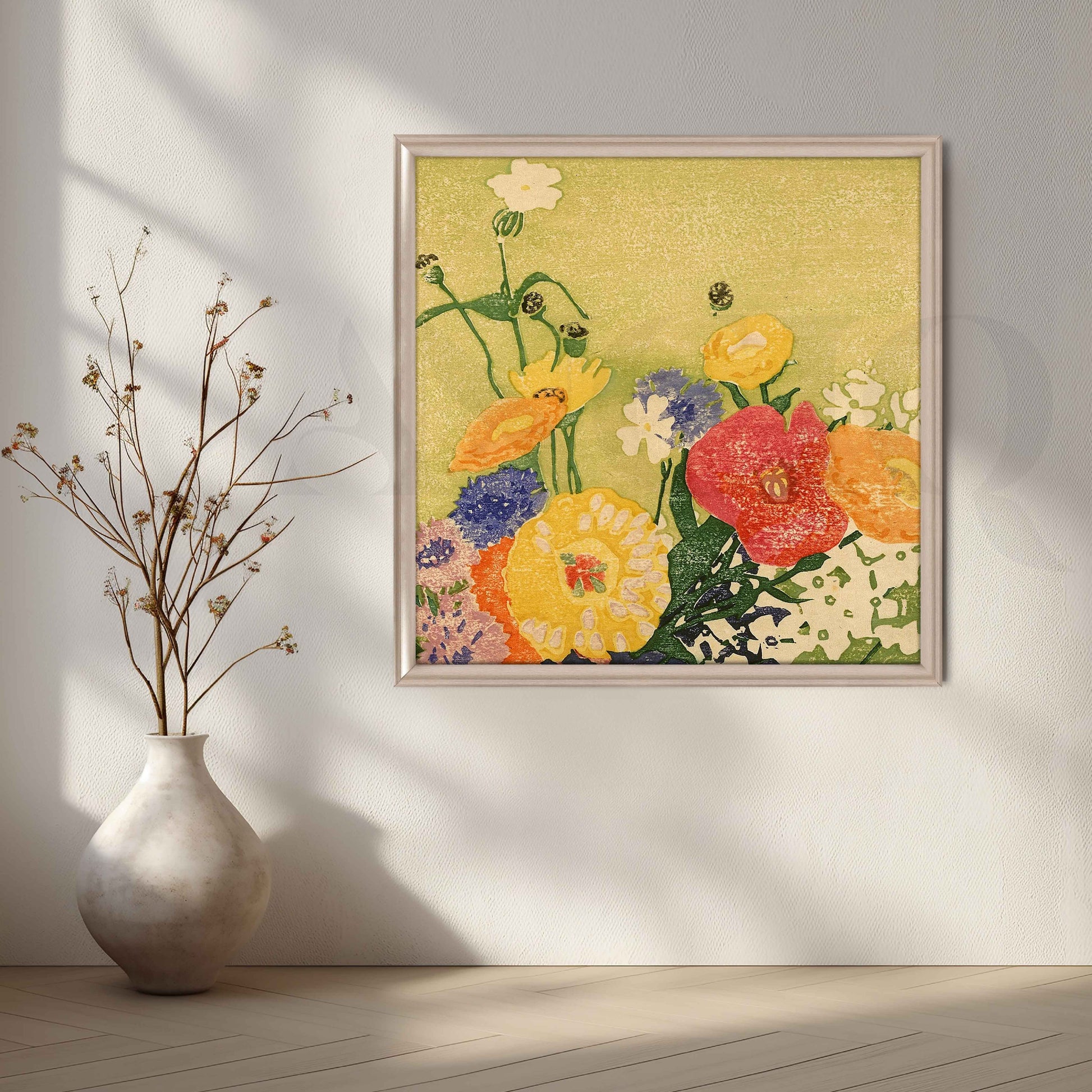 Modern Floral Block Print Canvas Artwork for Stylish Bedroom