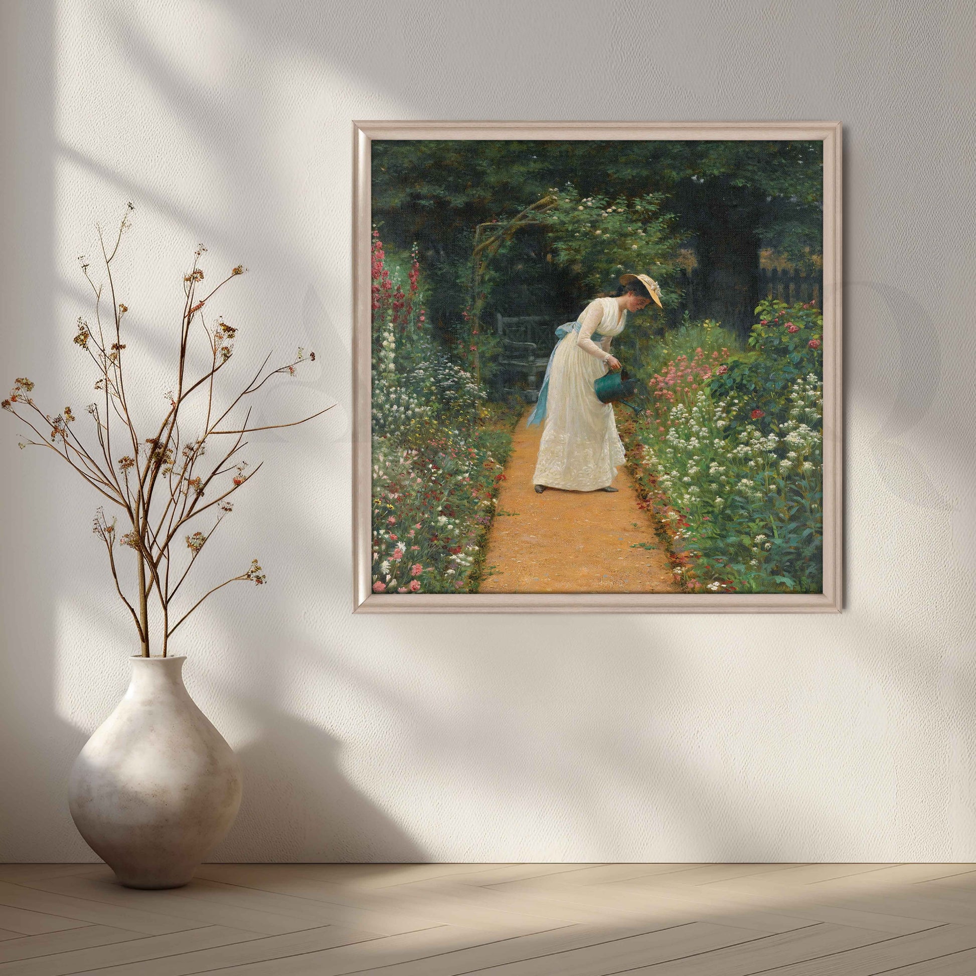 Woman Watering Garden Impressionist Canvas Artwork for Living Room