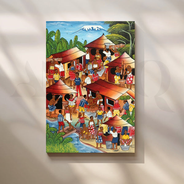 Vibrant African Village Market Canvas Artwork