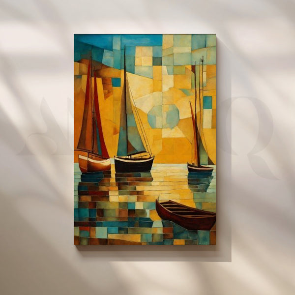 Abstract Sailboats Cubist Coastal Canvas Artwork