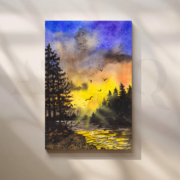 Twilight Birds Over Forest Creek Canvas Artwork