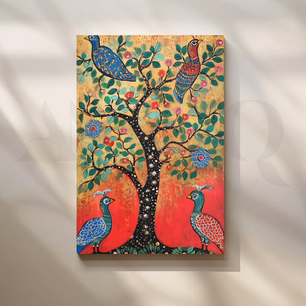Traditional Peacock Tree Folk Artwork