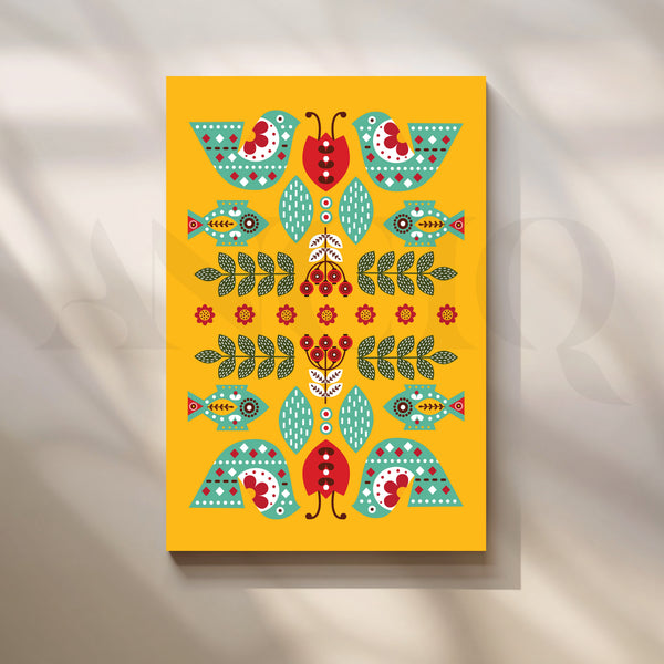 Folk Birds & Fishes Yellow Canvas Artwork