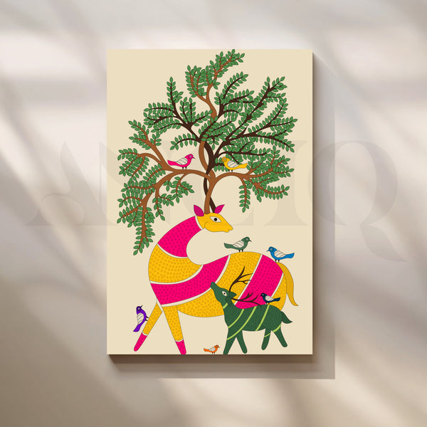 Gond Style Deer Family Under Tree Artwork