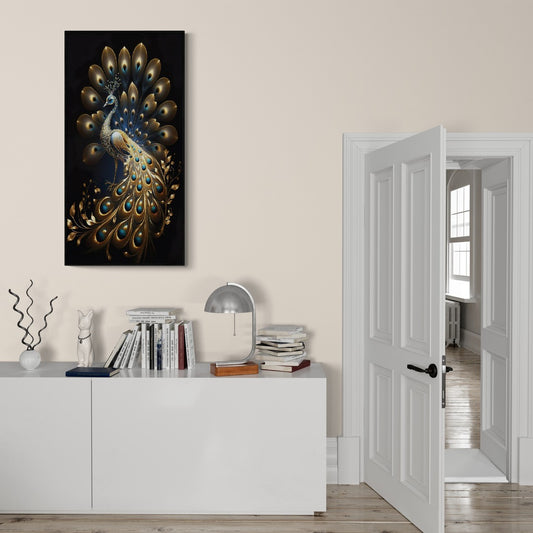 Panoramic Golden Peacock Design Canvas Framed Wall Painting