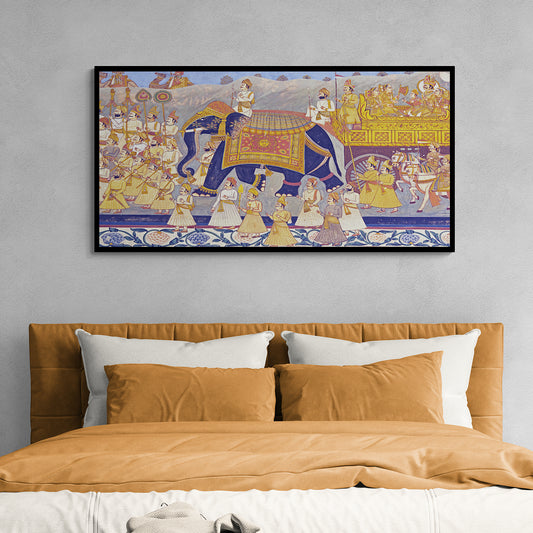 wall art of an elephant and crowd walking in a procession-Anciq