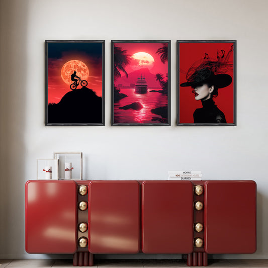 Crimson Nights Gallery Wall – Set of 3 Artworks