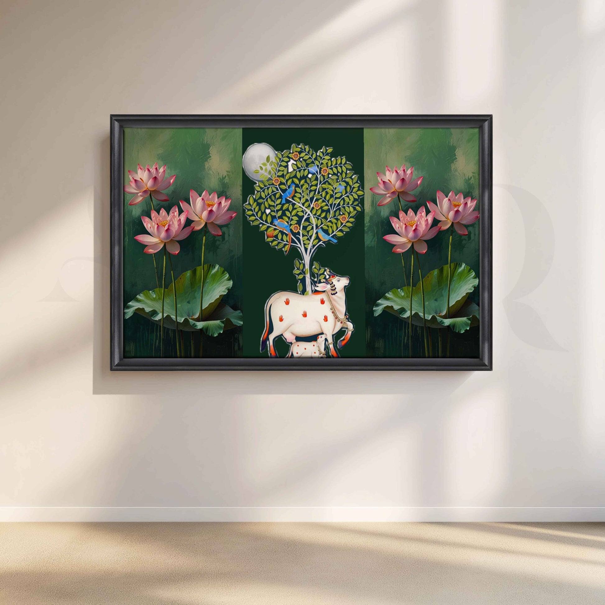 Lotus and Sacred Cow Botanical Canvas Artwork for Stylish Bedroom