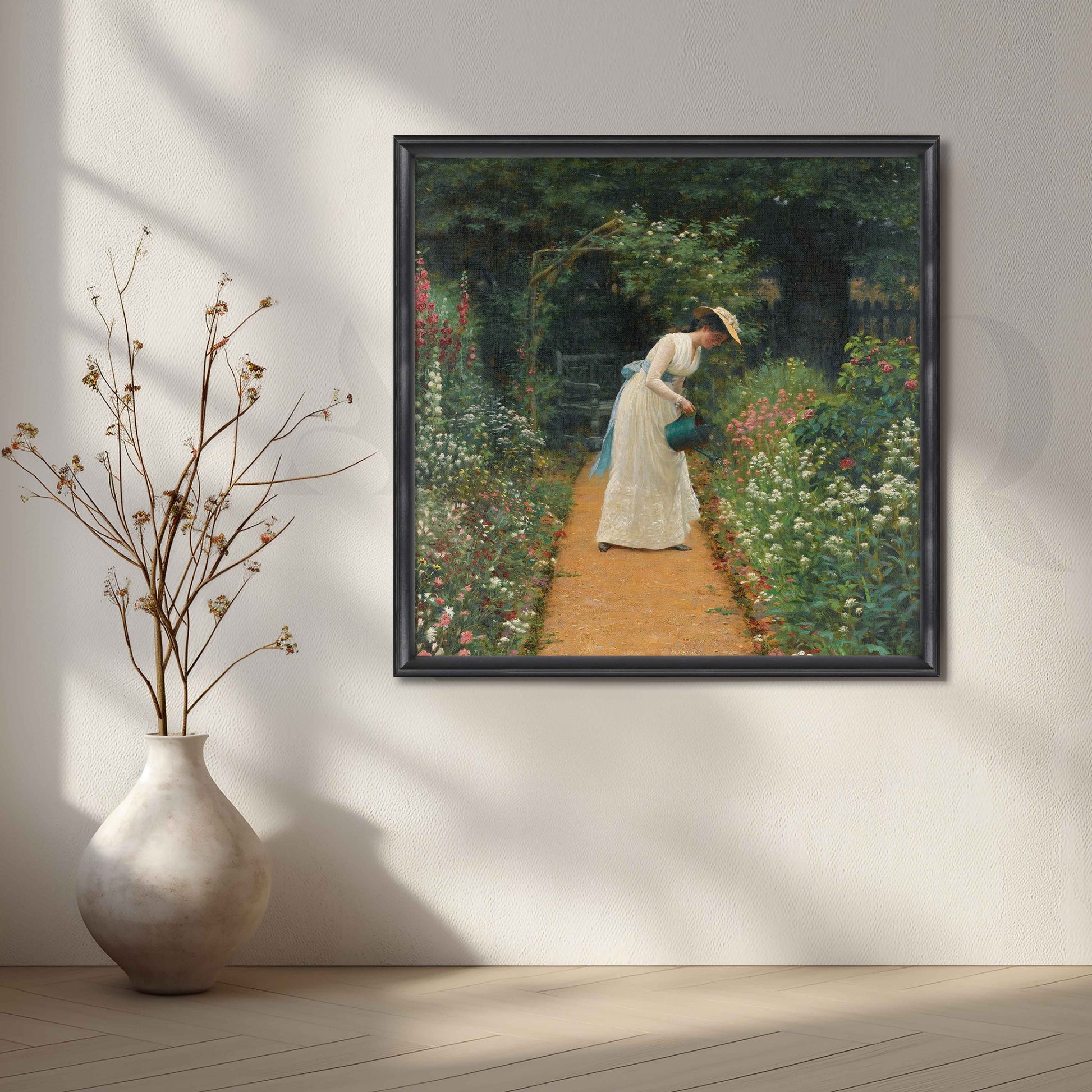 Woman Watering Garden Impressionist Canvas Artwork for Living Room