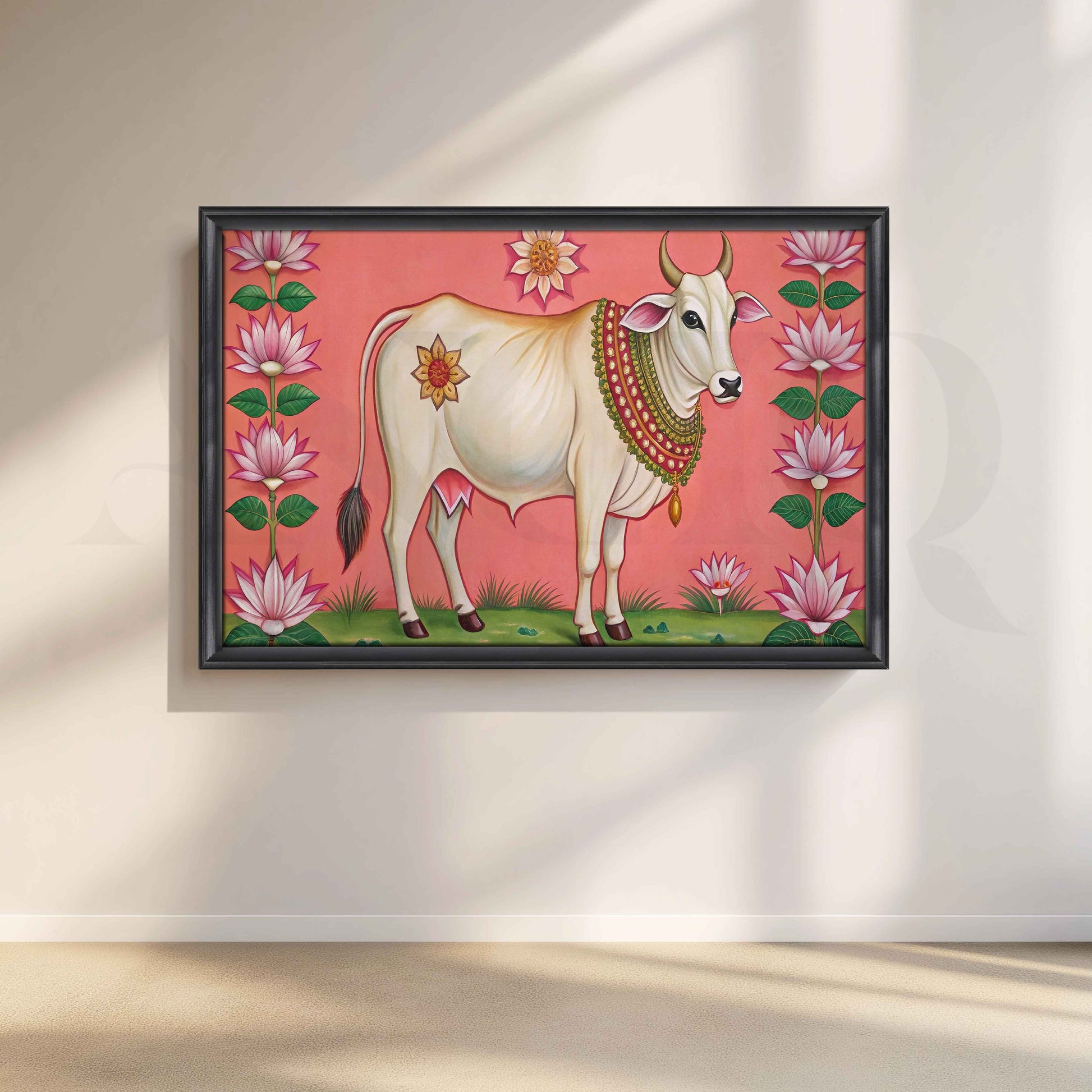 Lotus Framed Sacred Cow Canvas Artwork for Stylish Bedroom