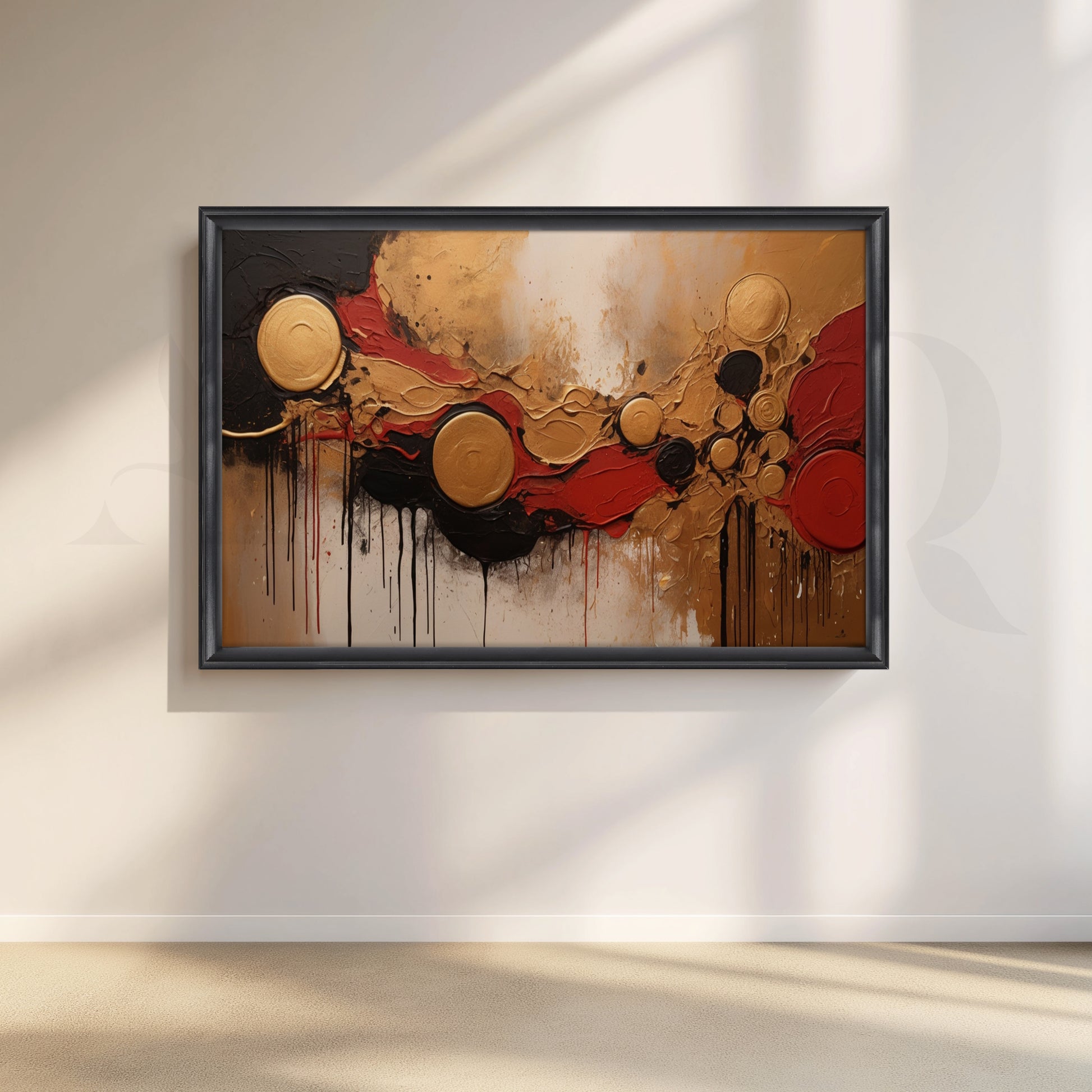 Premium Gold & Red Abstract Textured Canvas for Living Room
