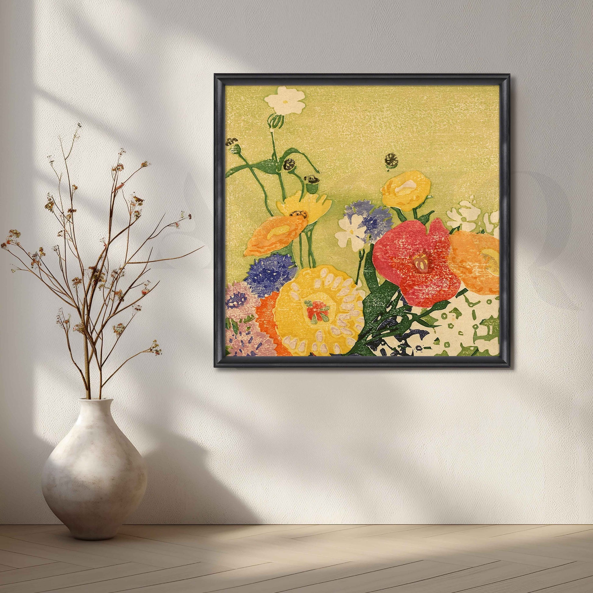 Modern Floral Block Print Canvas Artwork for Stylish Bedroom