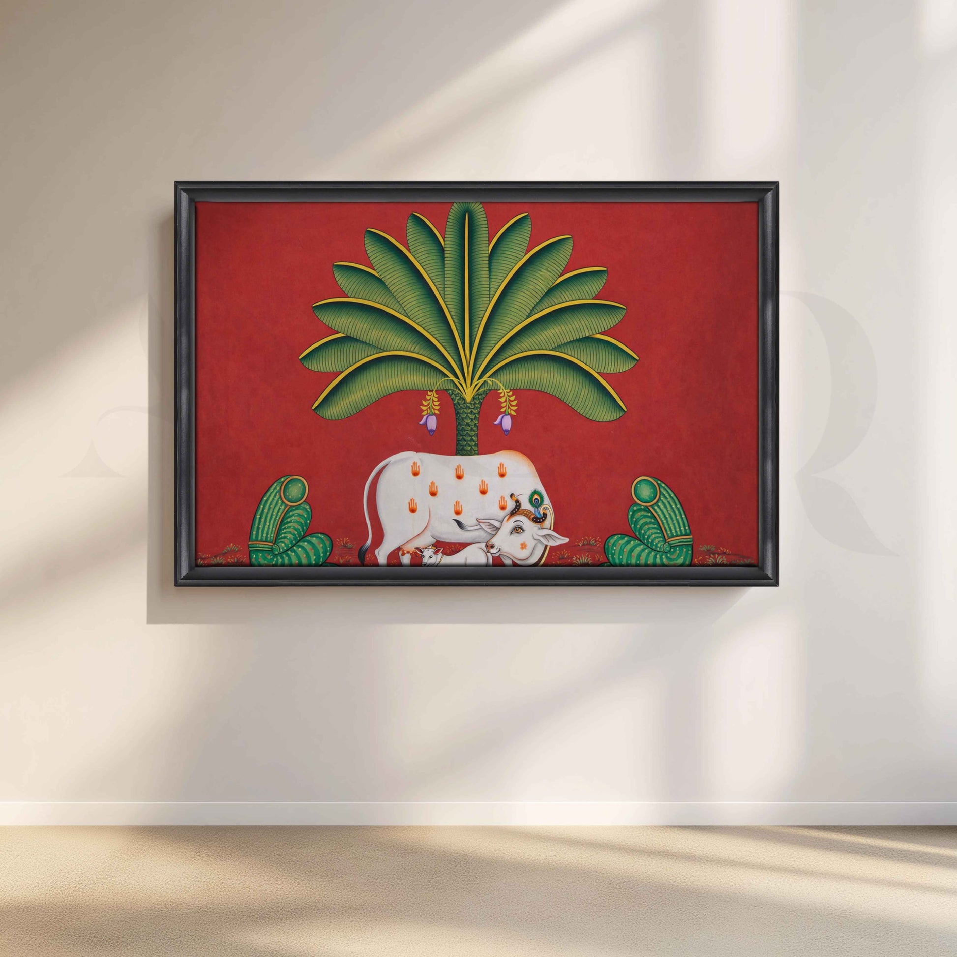 Sacred Cow Under Palm Tree Canvas Artwork for Living Room