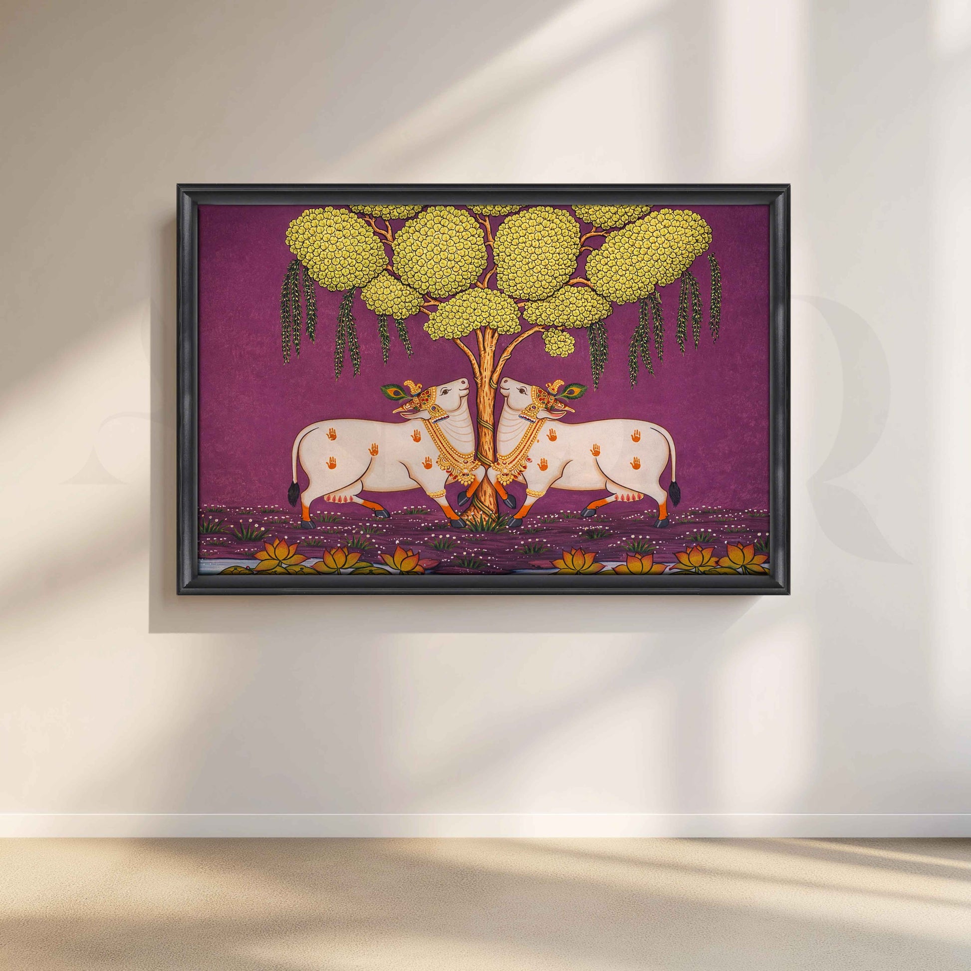 Twin Sacred Cows Under Tree Canvas Artwork for Living Room