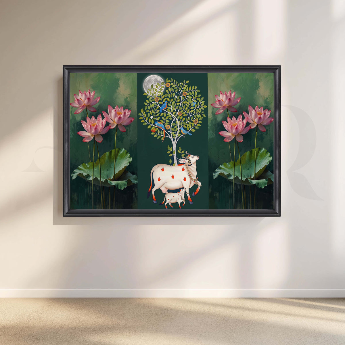 Lotus and Sacred Cow Botanical Canvas Artwork with Obsidian Edge Frame Style