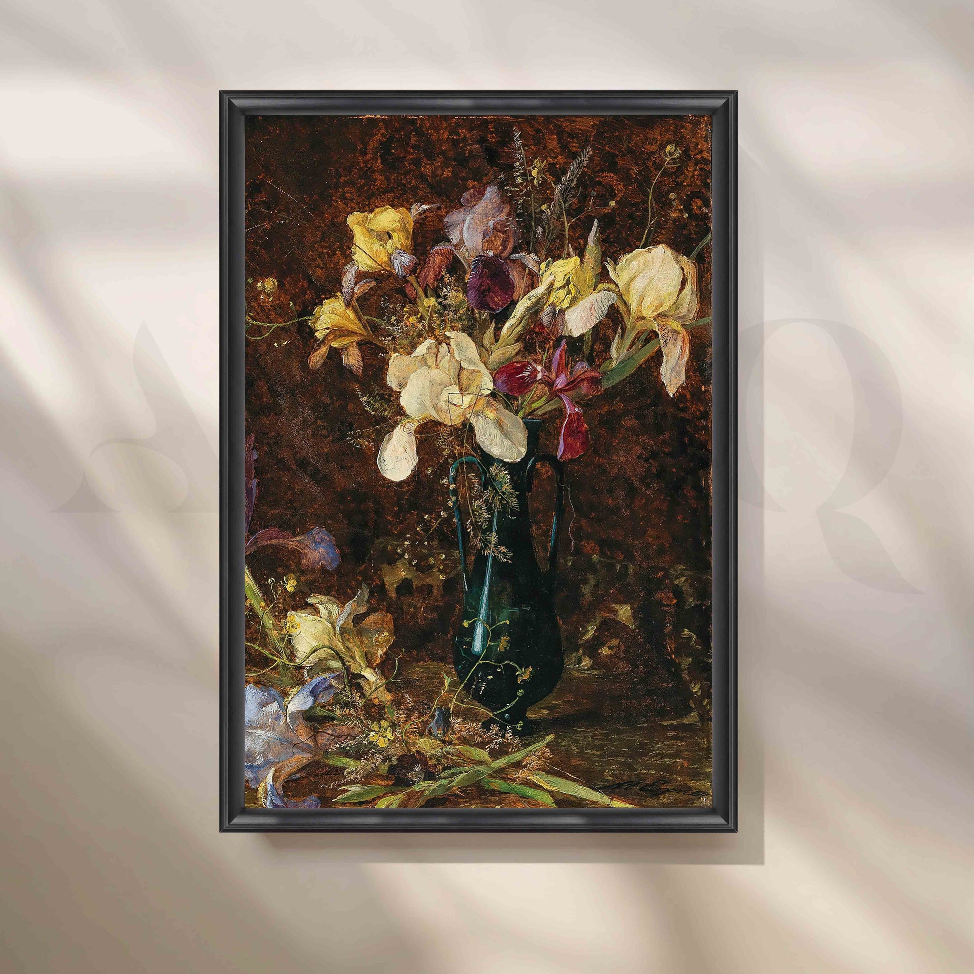 Vintage Iris Bouquet in Dark Vase Canvas Artwork for Entryway/Hallway