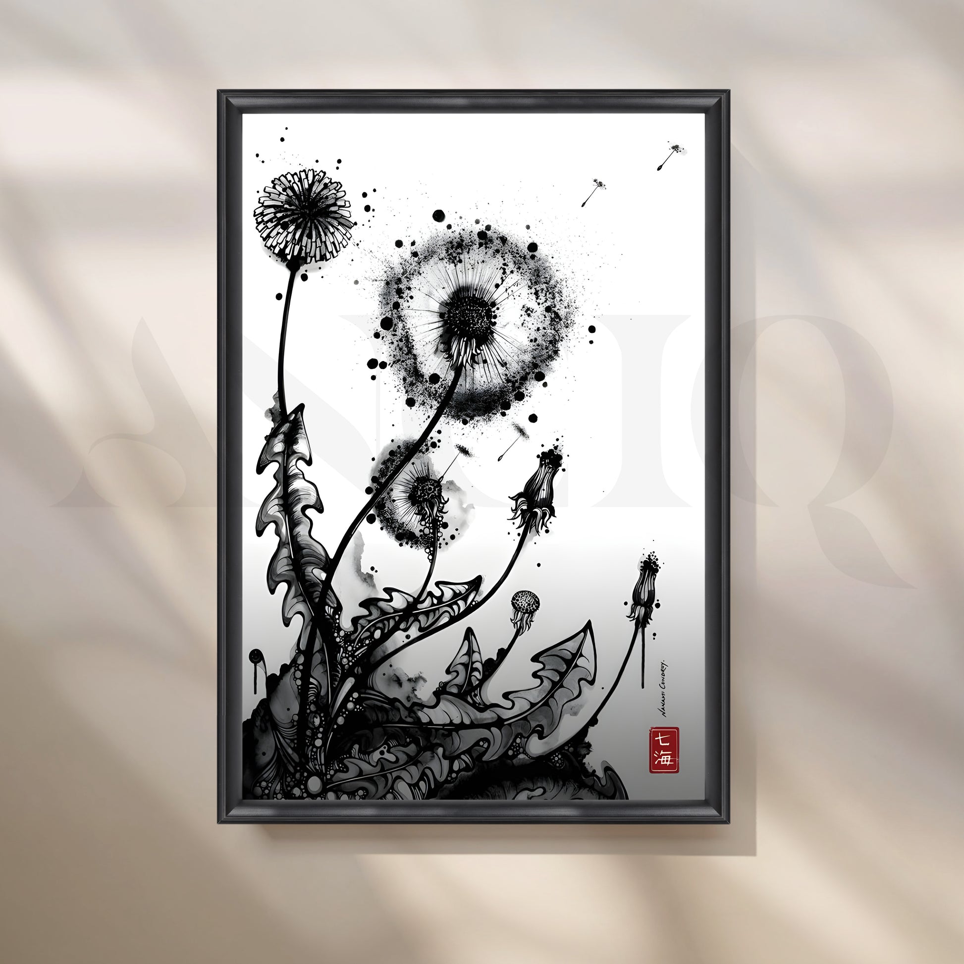 Monochrome Dandelion Ink Botanical Artwork for Living Room