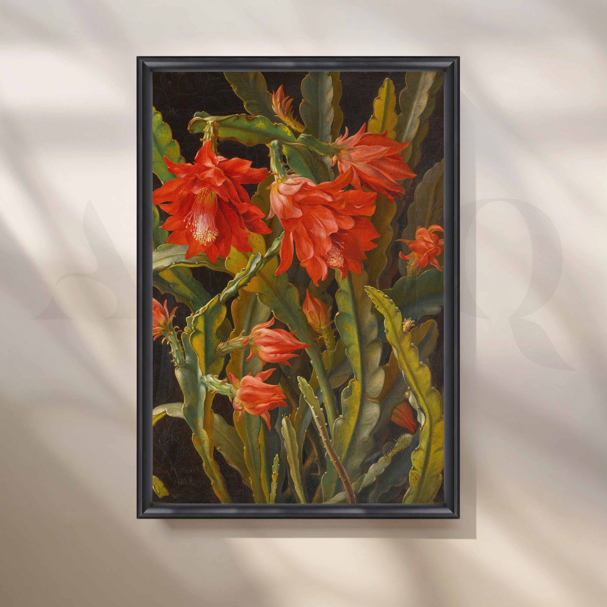 Vintage Red Cactus Bloom Canvas Artwork for Entryway/Hallway