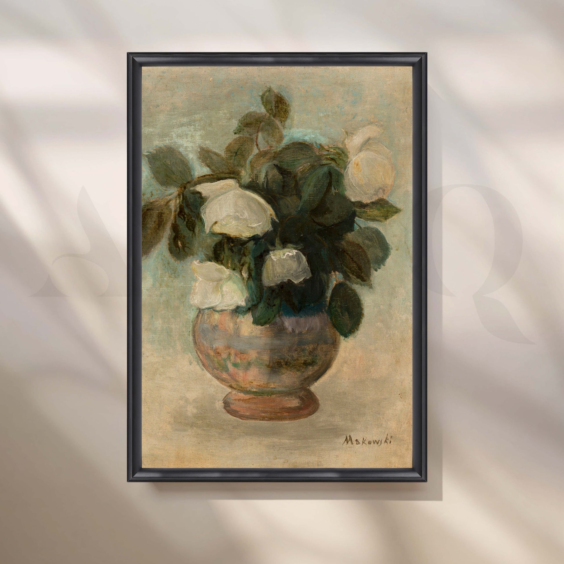 Vintage White Floral Vase Canvas Artwork for Entryway/Hallway