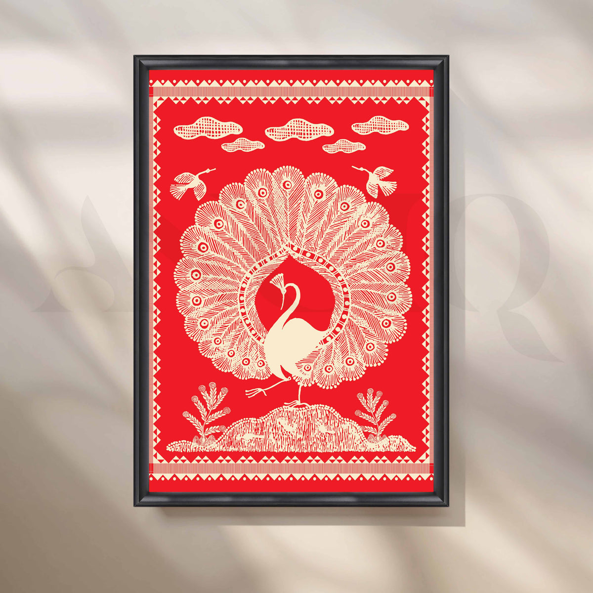 Warli Peacock Canvas Artwork with Obsidian Edge Frame Style