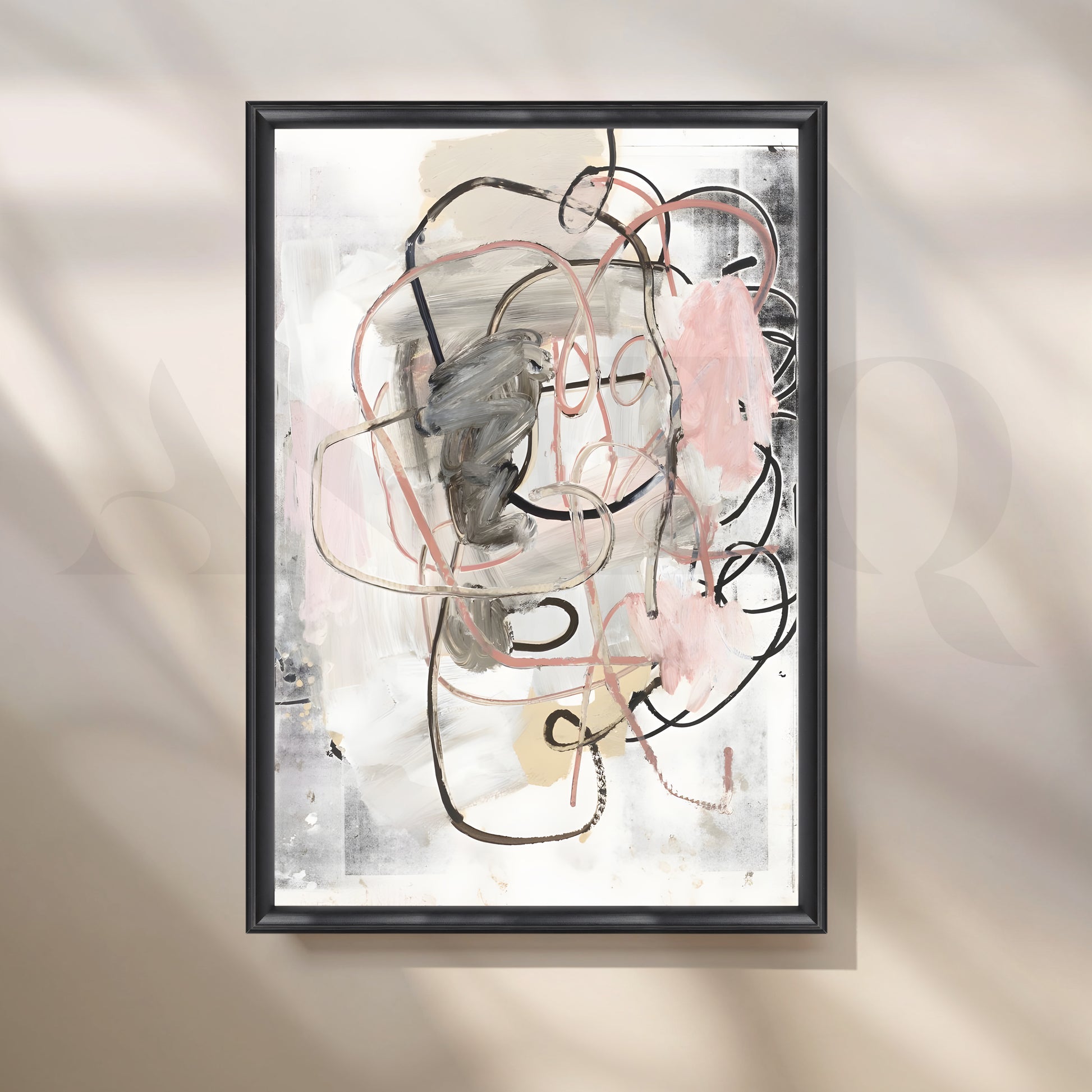 Soft Blush and Grey Abstract Canvas Artwork for Stylish Bedroom