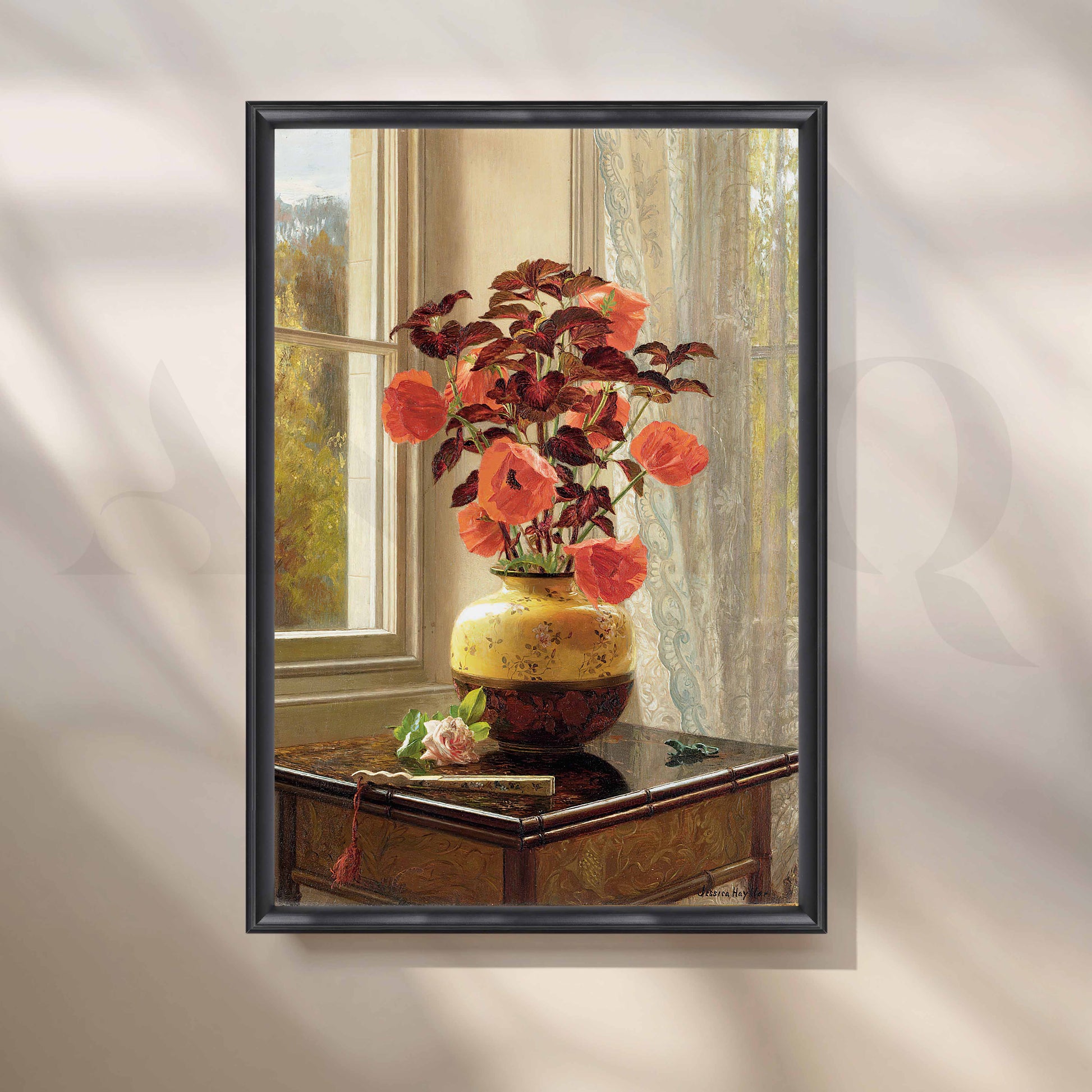 Vintage Poppy Vase by Window Canvas Artwork for Stylish Bedroom