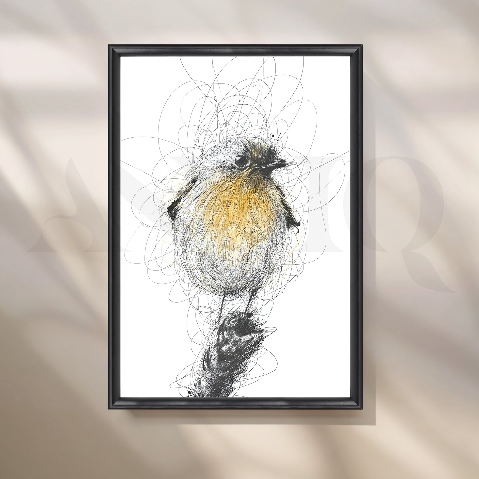Yellow Songbird Sketch Canvas Artwork for Stylish Bedroom