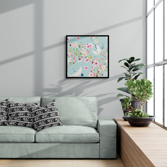 floral painting depicting springtime flowers and cranes 