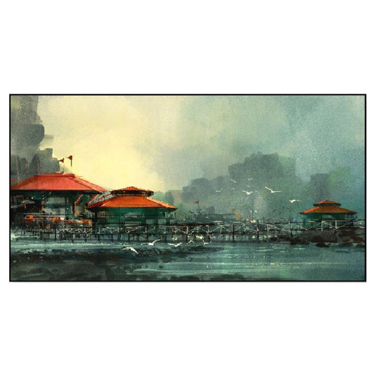 Beautiful Harbor Fishing Village Floating Frame Canvas Wall Painting