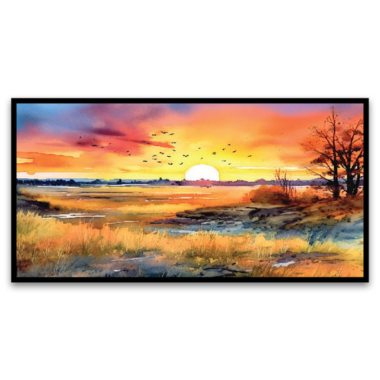 Beautiful Sunset Over a Field with Flowers and Trees Floating Frame Landscape Canvas Wall Painting