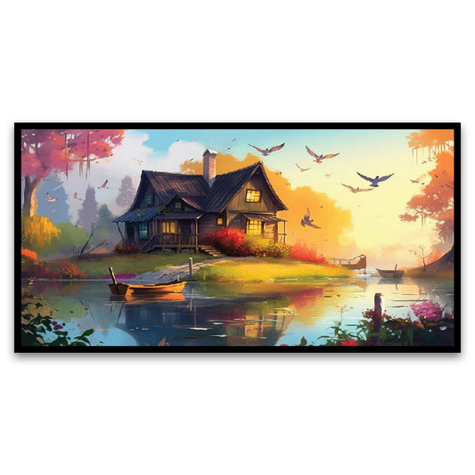 Beautiful House on the Lake with Flying Birds Nature Floating Frame Landscape Canvas Wall Painting