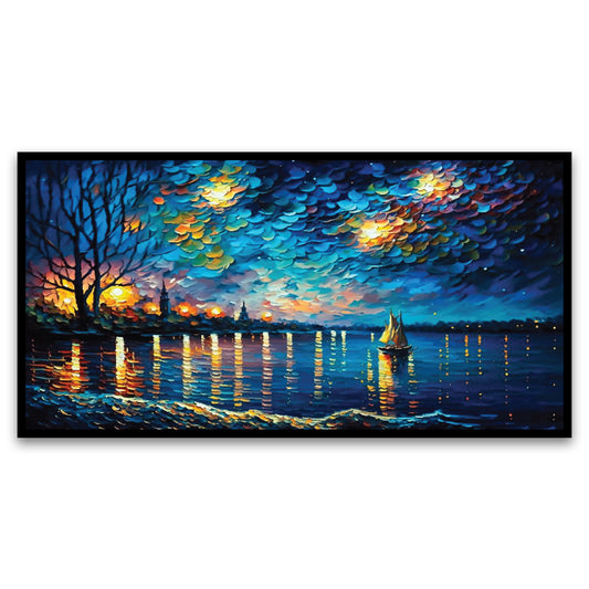 Beautidul Sailboat on the Water with the Night Sky Floating Frame Landscape Canvas Wall Painting