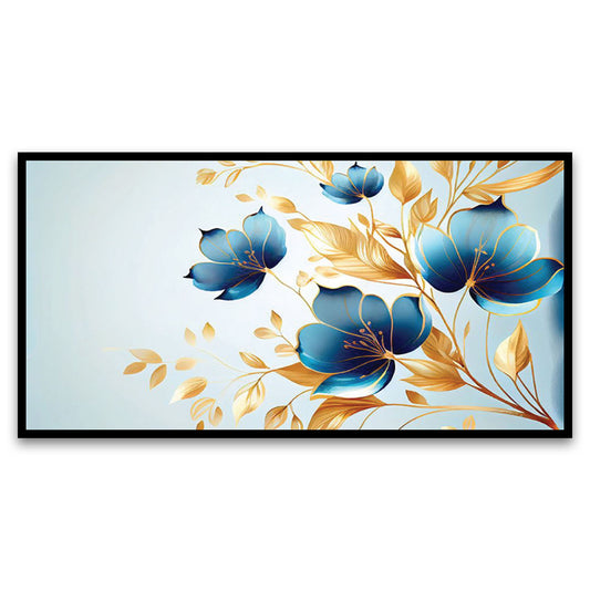 Canvas with Acrylic Floral Painting for Living Room Wall Decoration Elegant Blue and Golden Flower Floating Frame Wall Painting