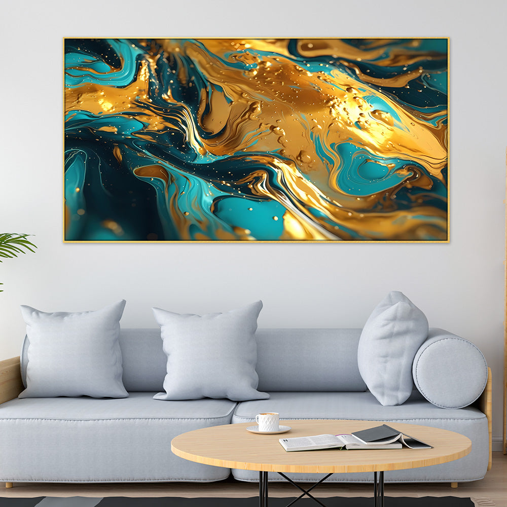 Blue And Gold Luxury Marble Wall Art Print on Canvas Floating Frame Wall Painting