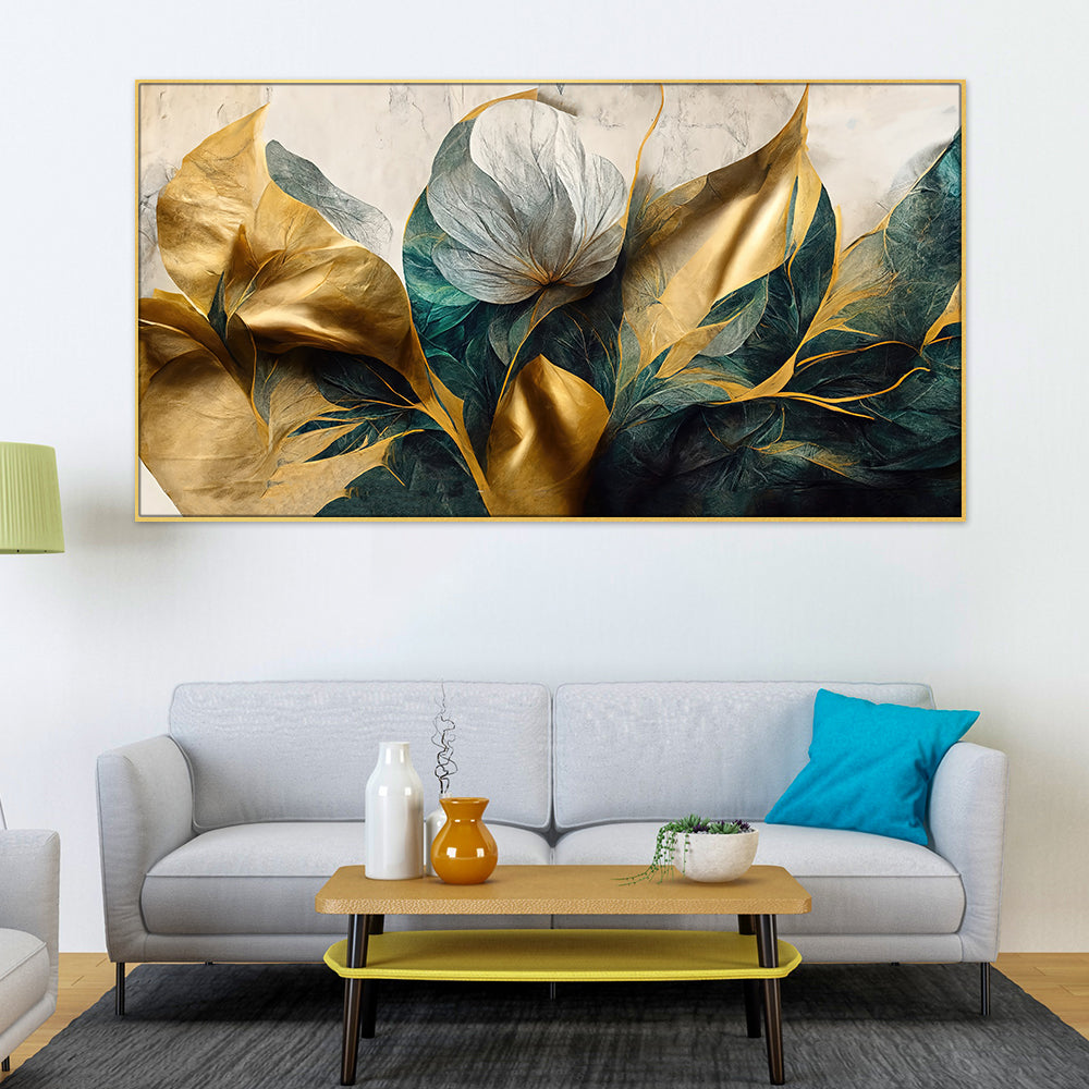 Luxurious Golden Flower Canvas Art Elegant Floating Framed Painting