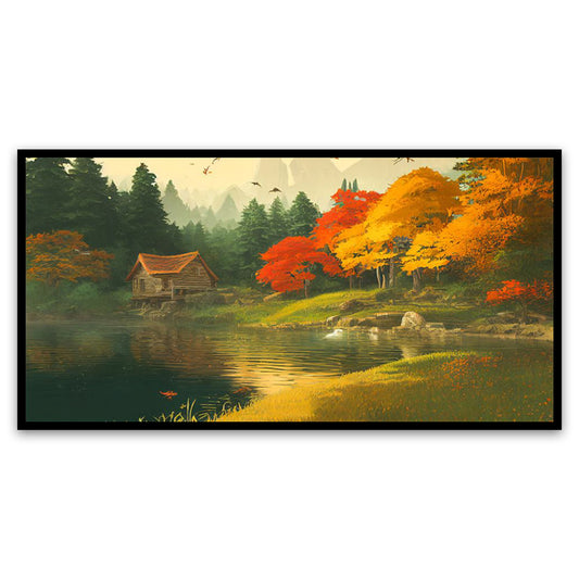 Riverside Redwood Cabin canvas wall art painting