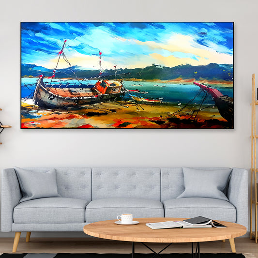 Boats rest on a sandy beach canvas wall art.