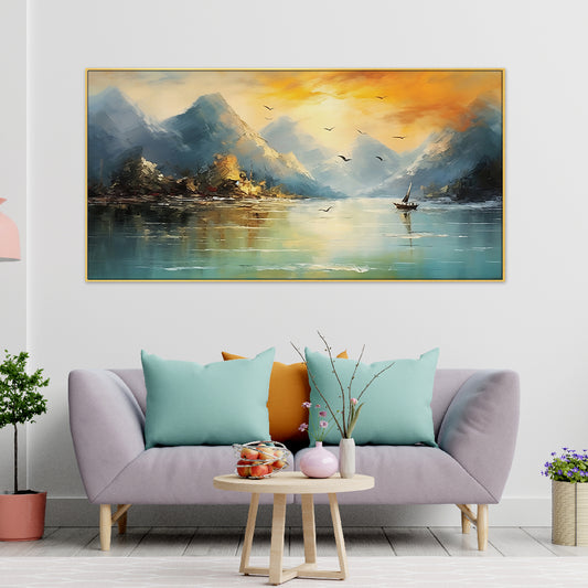 Serene sailboat glides across mirrored mountain lake canvas art.