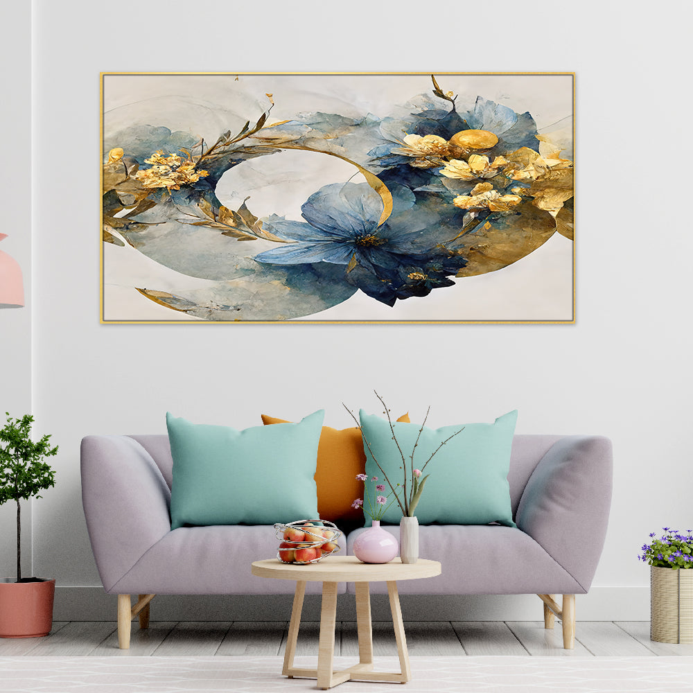 Fusion of blue and gold blooms canvas art.