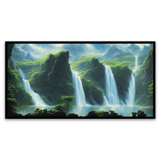 Waterfall Cascading Down Lush Green Mountains Canvas Painting