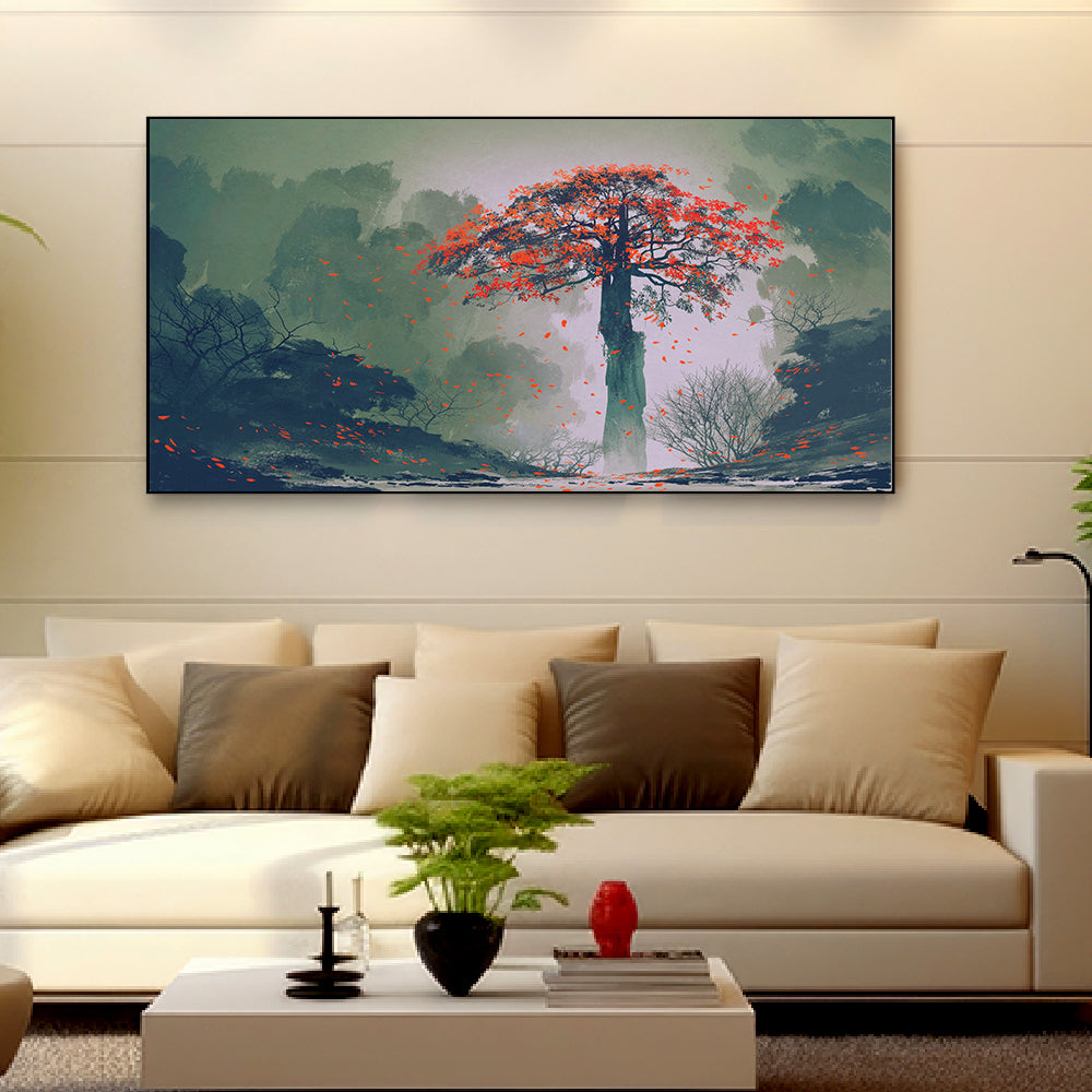 Red defiant tree stands out in a canvas forest.