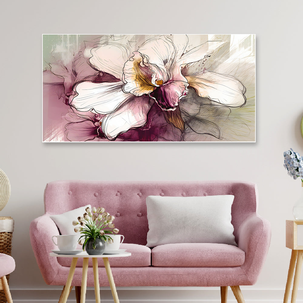 White orchid blooms in vibrant purple canvas art.