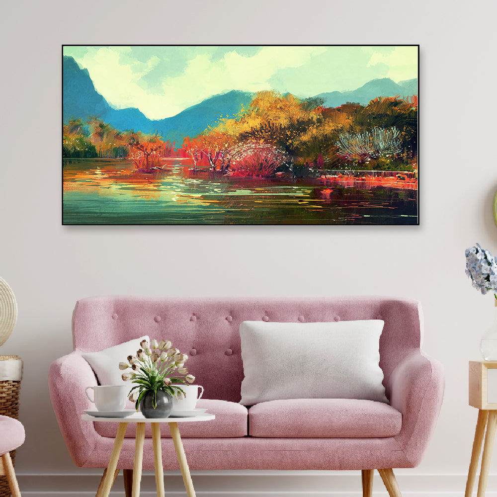 Tranquil lake reflects vibrant forest canvas art.