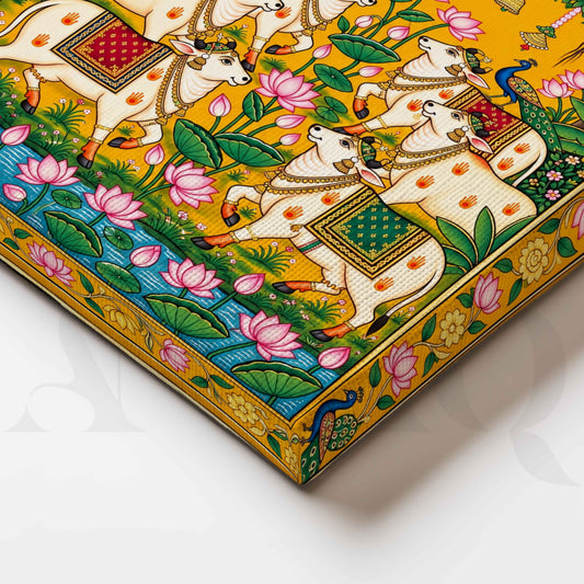 Sacred Kamdhenu Cows in Golden Lotus Garden Pichwai Artwork