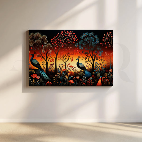 Sunset Peacock Forest Canvas Artwork