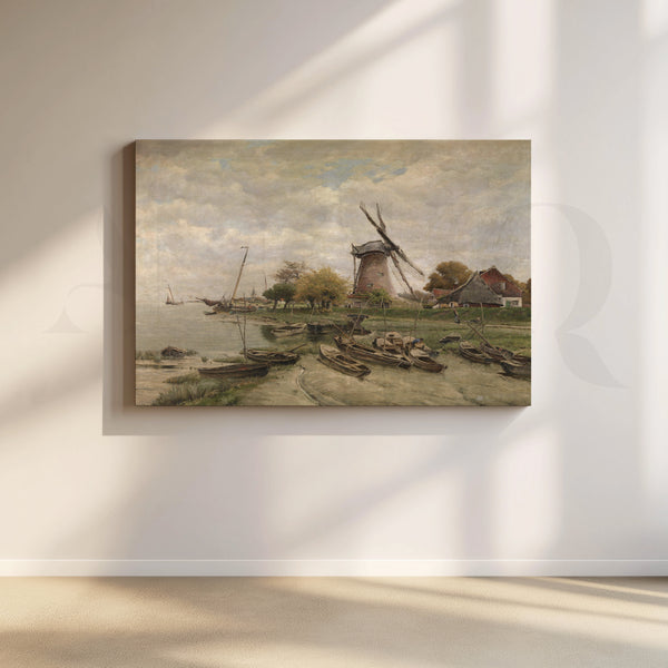 Riverside Windmill Landscape Canvas Artwork