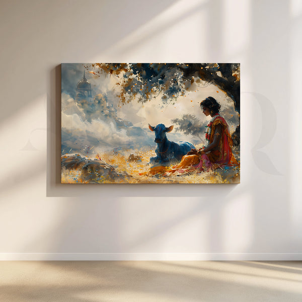 Krishna in Vrindavan Calm Canvas Artwork